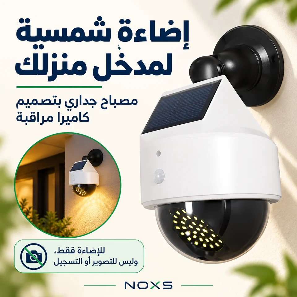 مصباح جداري شمسي بتصميم كاميرا، مخصص للإضاءة دون تصوير أو تسجيل.