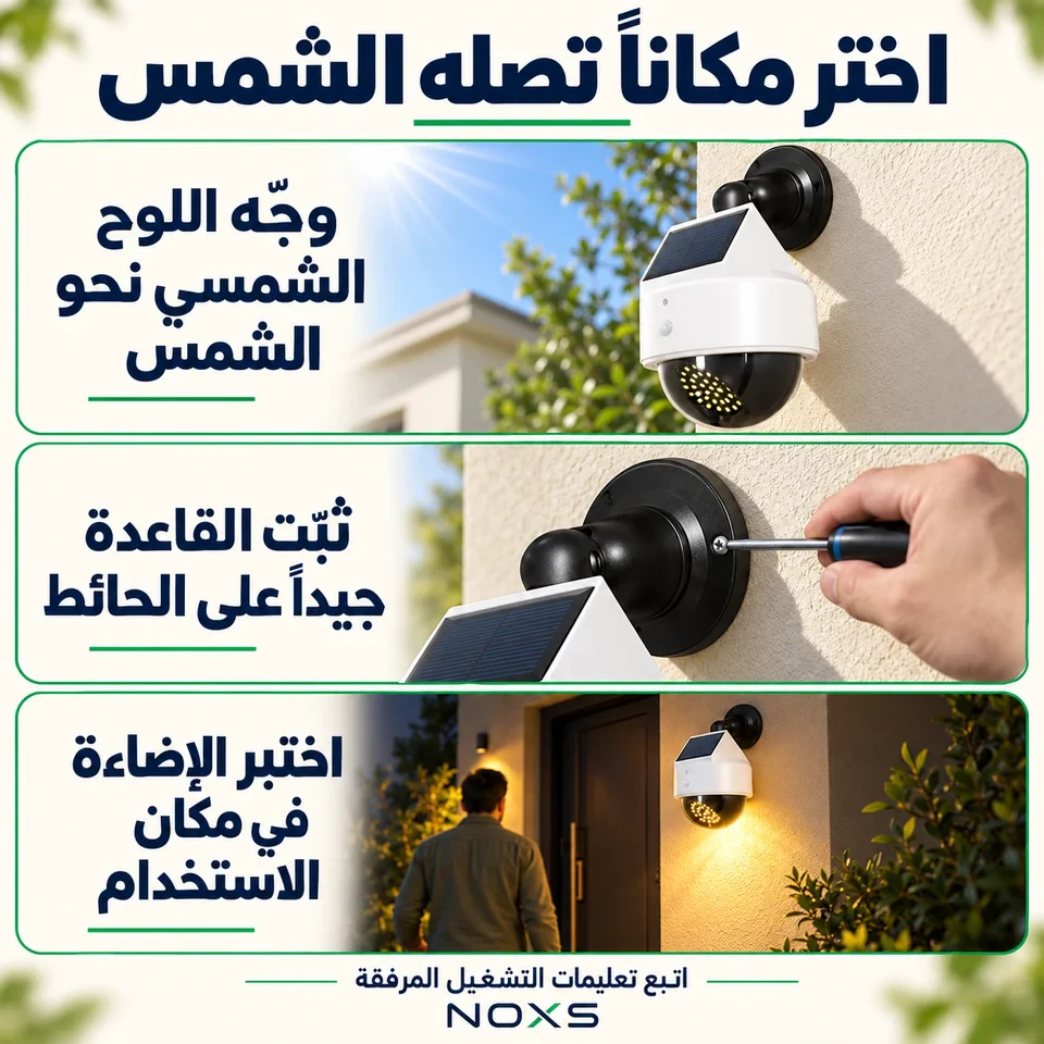 اختيار مكان مشمس وتثبيت المصباح على الحائط واختبار الإضاءة.