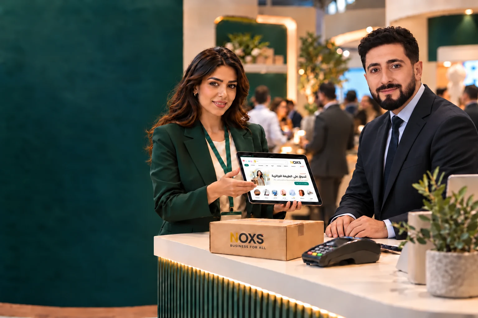 Illustration éditoriale d’un salon professionnel consacré au commerce en ligne, aux services numériques et à la logistique en Algérie