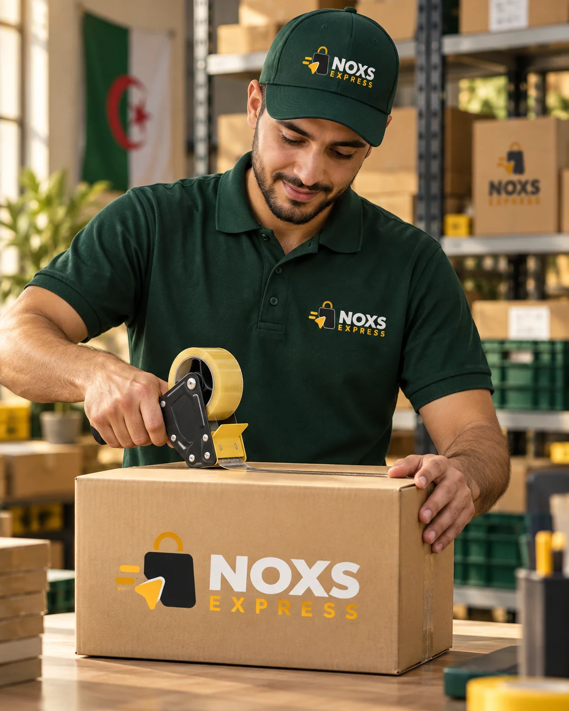 تصوّر توضيحي لعامل يجهز طردًا يحمل شعار NOXS Express